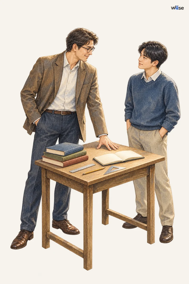 책과 설계 도구 곁에서 한 성인이 설명하고 동료가 존중하며 듣는 전신 장면이다