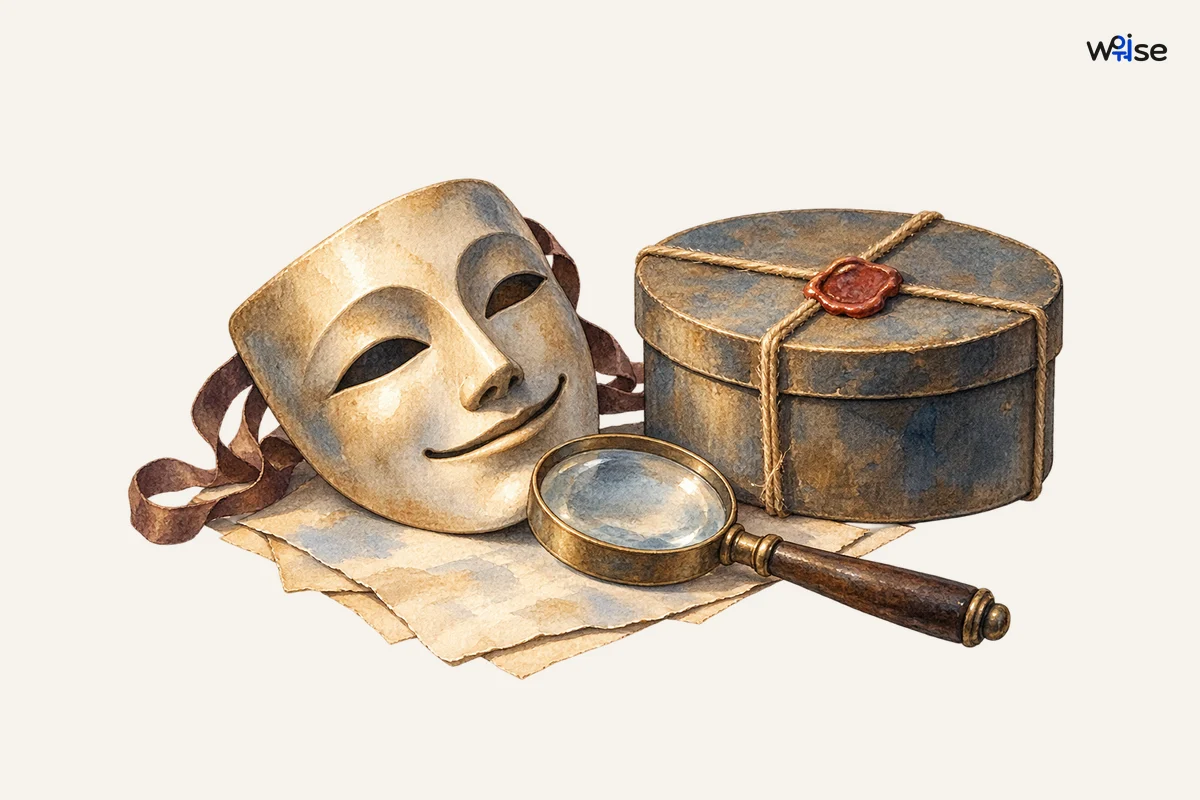 희극 가면 옆 돋보기와 봉인된 상자가 무엇이 웃긴지 다시 살피는 의심을 표현한다.