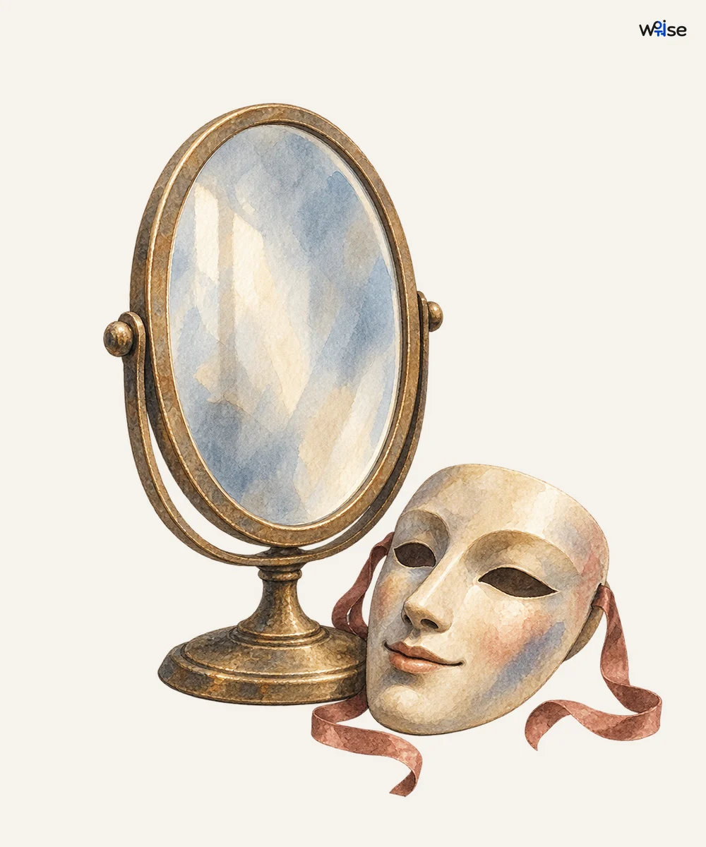 꾸밈없는 거울 옆에 벗어 놓은 무대 가면으로 가장한 모습보다 자기다움을 선택하는 뜻을 표현한다.