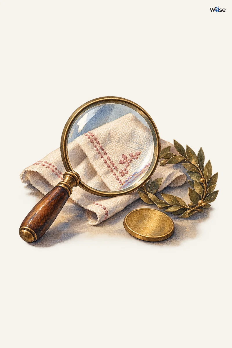 소중한 천·동전·월계관 앞의 확대경이 진실을 우선하는 뜻을 드러내며 세 배경에서 가장자리와 작은 크기를 확인했다.