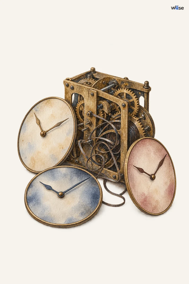 Three interchangeable unlettered clock faces surround the same tangled internal spring mechanism, clearly preserving the unchanged inner disorder
