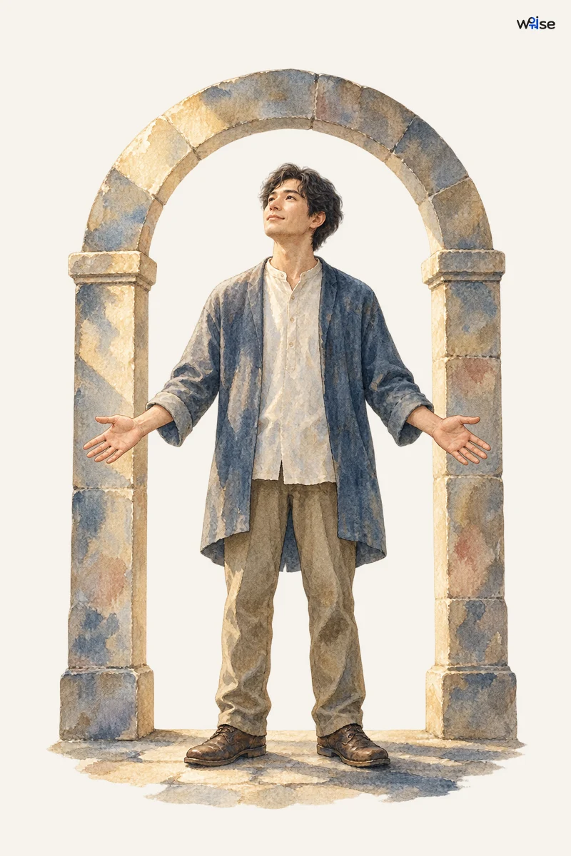 A whole clothed adult stands calmly within an open arch, expressing respect for the human body