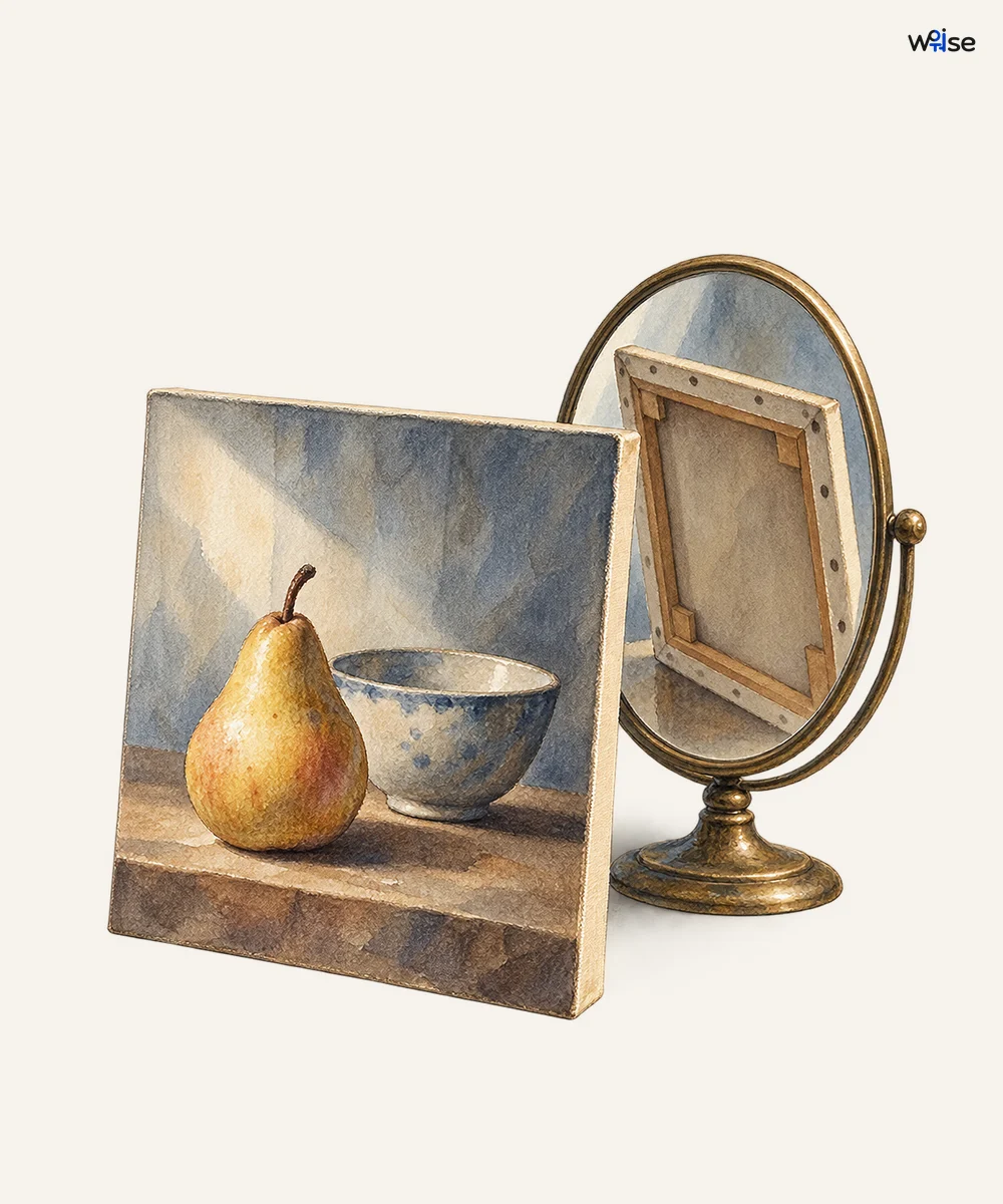 Front still life and mirrored empty rear canvas are both clearly visible, expressing the surface and absence of a hidden compartment