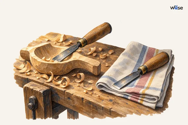 잘 사용한 두 조각칼 중 하나는 가공 목재, 하나는 정돈한 천 위에 있어 행동과 의도적인 절제를 함께 나타낸다.