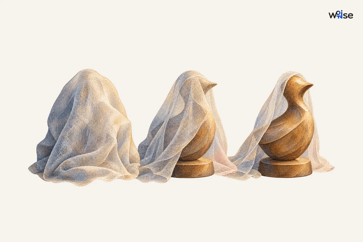 같은 나무 새 조각이 왼쪽부터 천 아래에서 차츰 또렷이 드러나며 변신보다 본래 모습의 발견을 표현한다