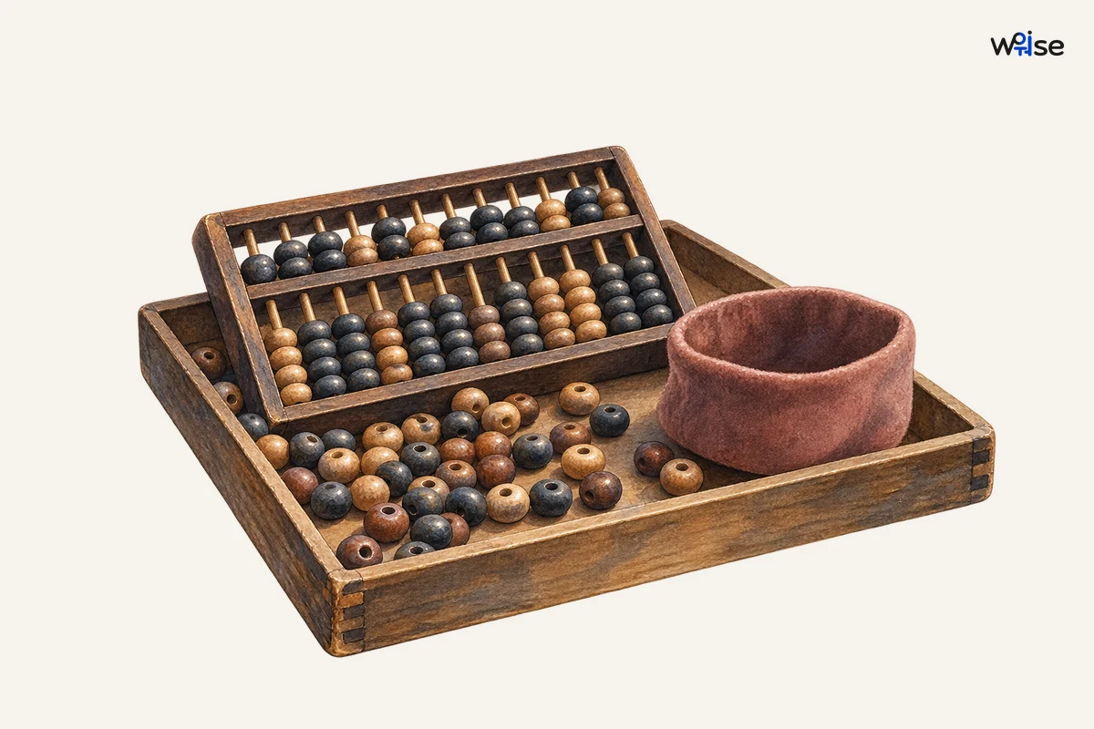 Crowded counting beads and abacus contrast with the empty soft felt bowl, expressing excessive calculation and neglected feeling