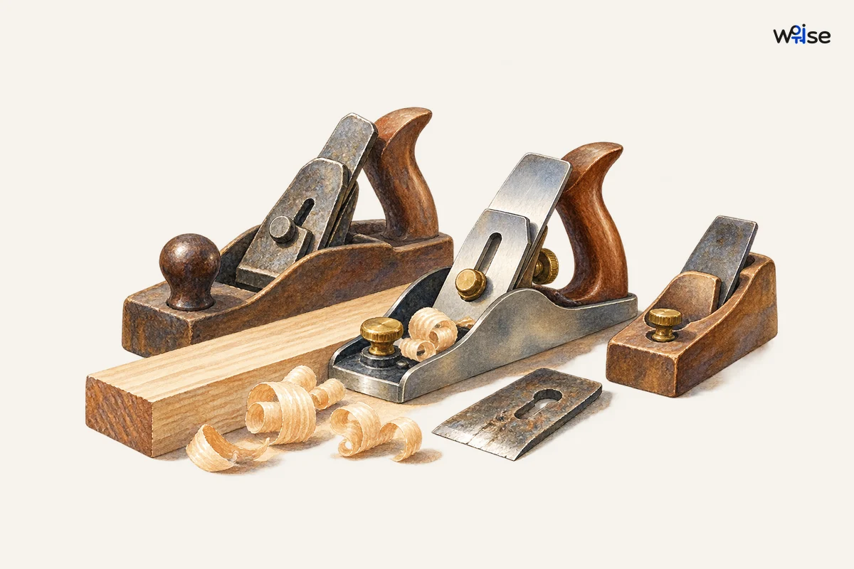 Three distinct planes are compared beside a shared test piece; the central plane has a new bright adjustable blade and its worn blade lies beside it