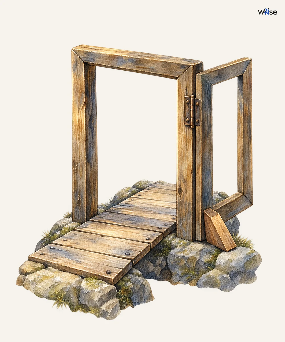 An open hinged frame propped by a wedge allows the small repair bridge through; no unrequested people or hands remain