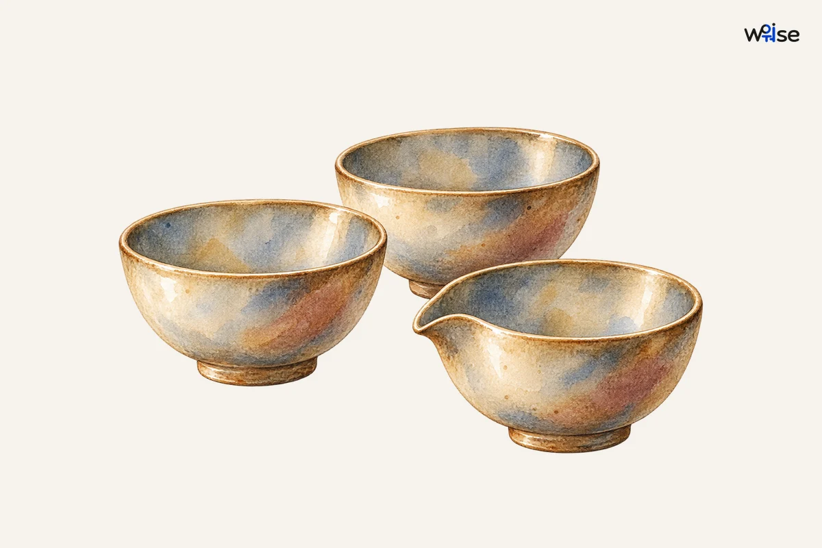 Three intact bowls differ by one smoothly formed useful pouring lip, clearly showing small constructive change without damage