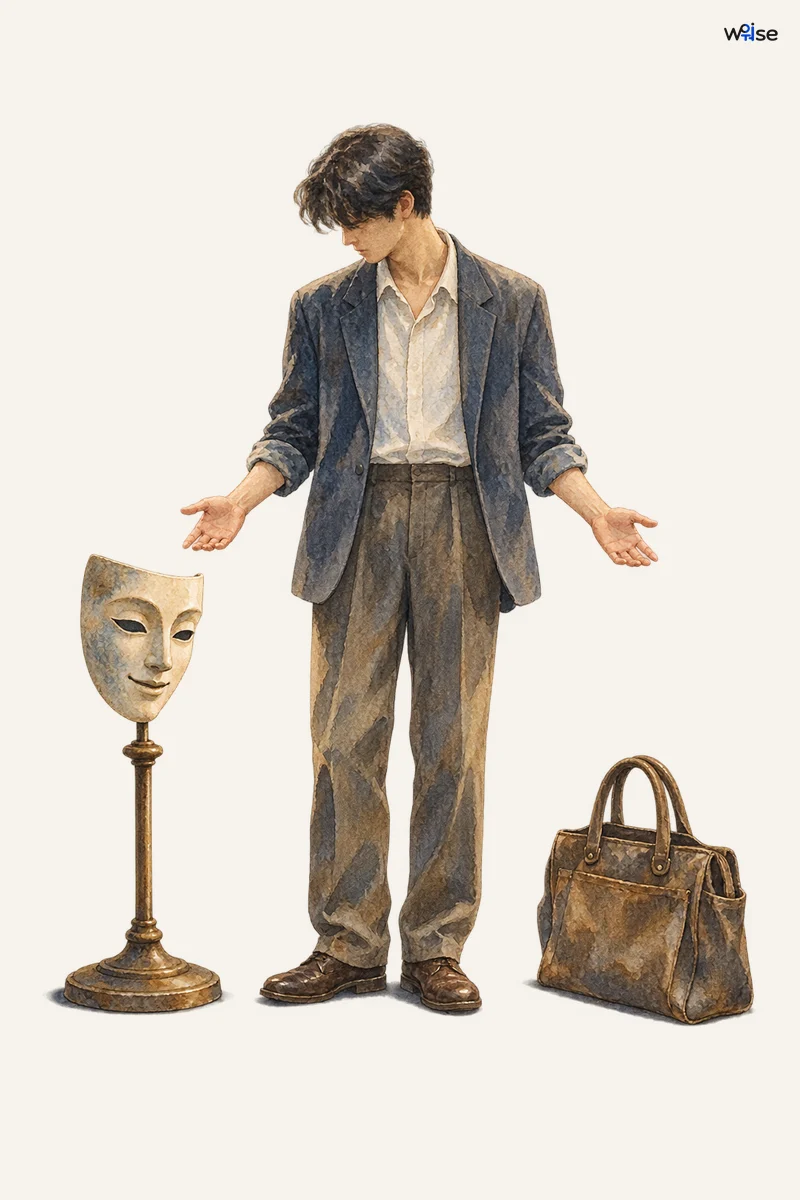 배우가 무대 가면과 일상 가방 사이에 서 있어 연기와 인간됨을 함께 추구하는 원문에 맞는다