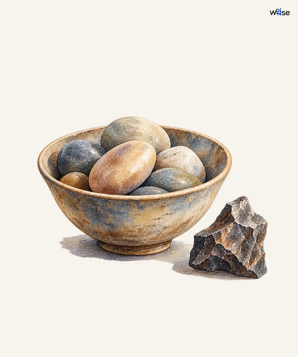 그릇에 모은 부드러운 돌과 밖에 둔 날카로운 돌이 적절한 호오와 성품을 상징한다.