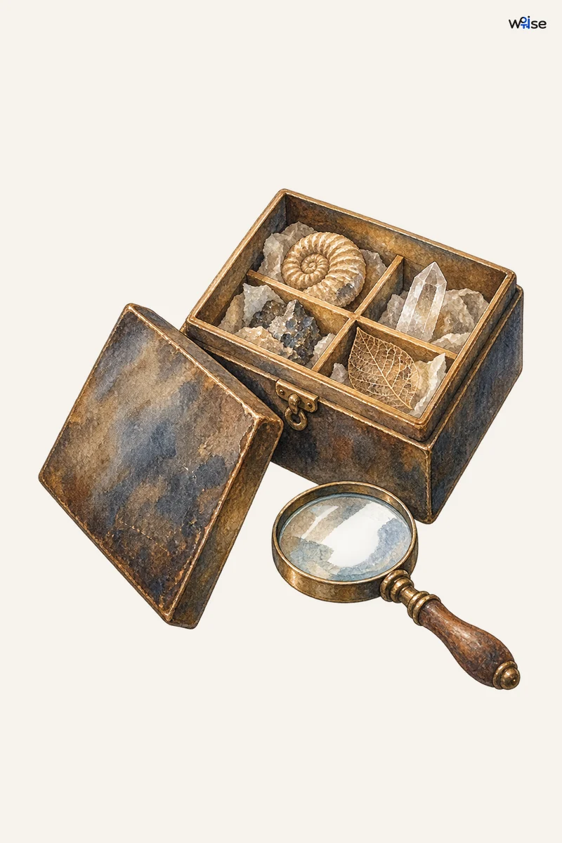열린 표본 상자와 벗겨 둔 불투명 뚜껑·관찰 렌즈가 기존 확신을 다시 조사하는 관계를 전달한다