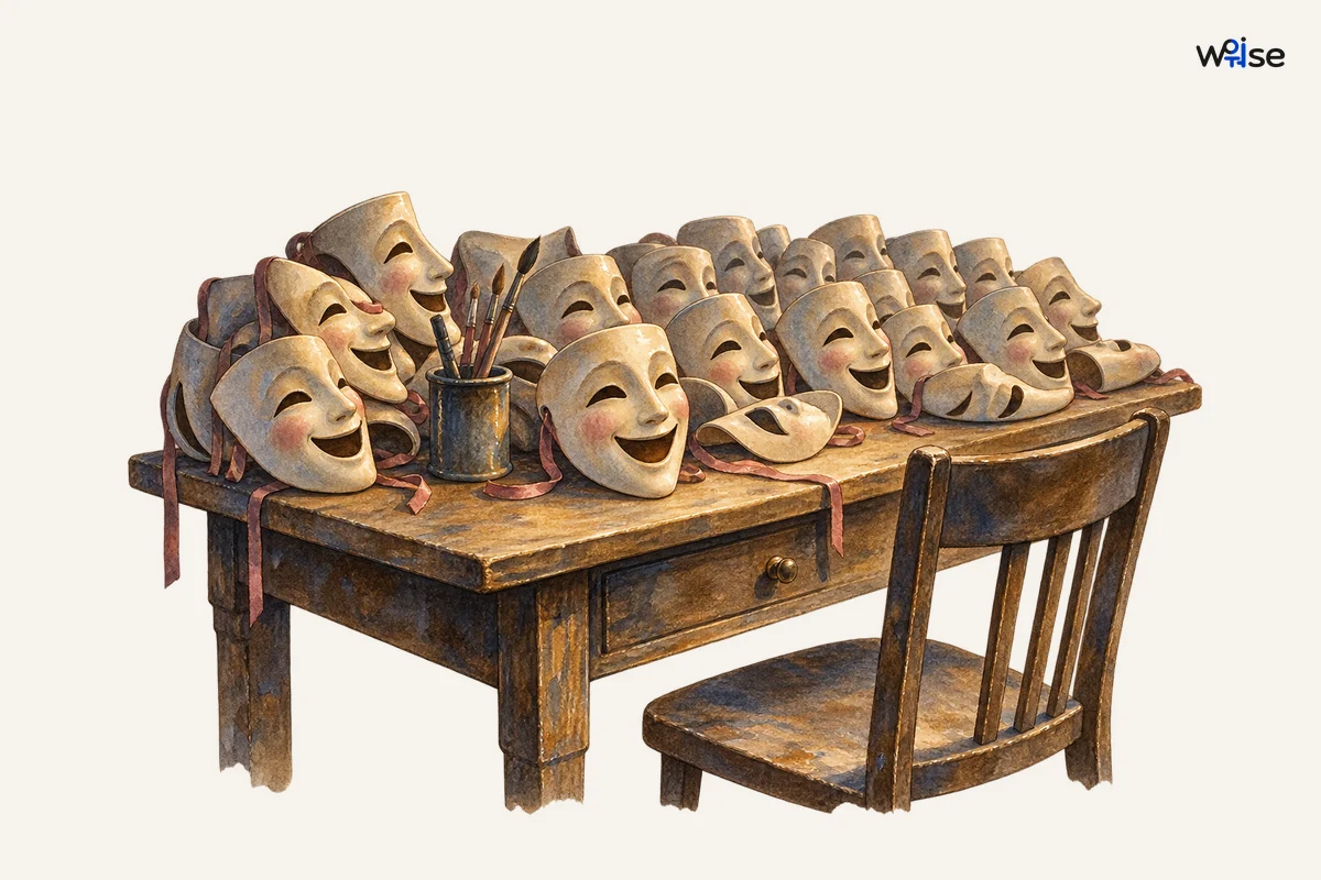 빈 작업대를 가득 메운 웃는 가면들이 끝없는 행복의 답답한 역설을 표현한다.
