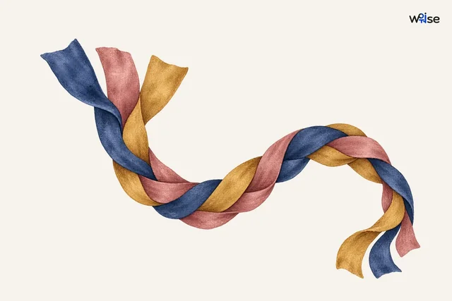 Three distinct starting ends remain visible and their colours persist through the joined weave