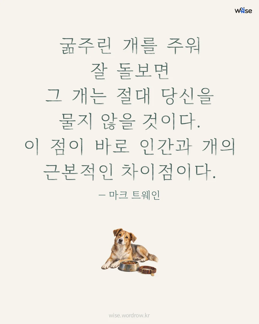 굶주린 개를 주워 잘 돌보면 그 개는 절대 당신을 물지 않을 것이다. 이 점이 바로 인간과 개의 근본적인 차이점이다. — 마크 트웨인 포토카드