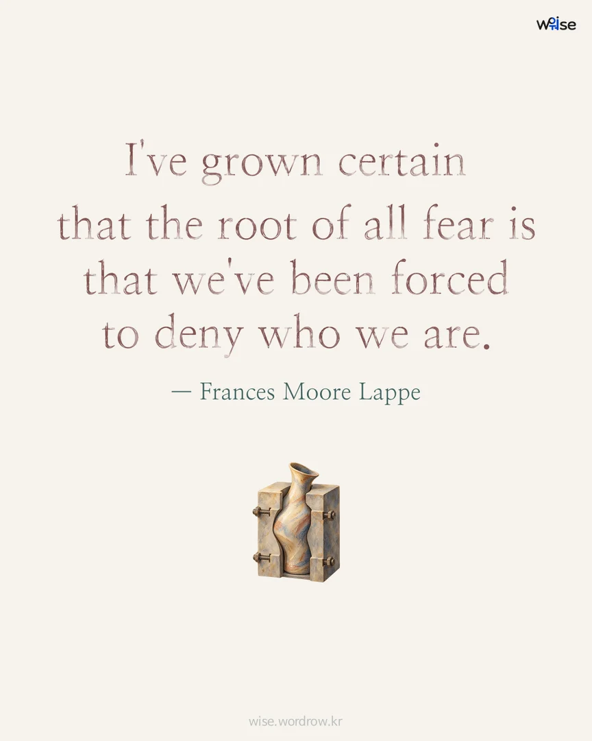 I've grown certain that the root of all fear is that we've been forced to deny who we are. — Frances Moore Lappe 포토카드