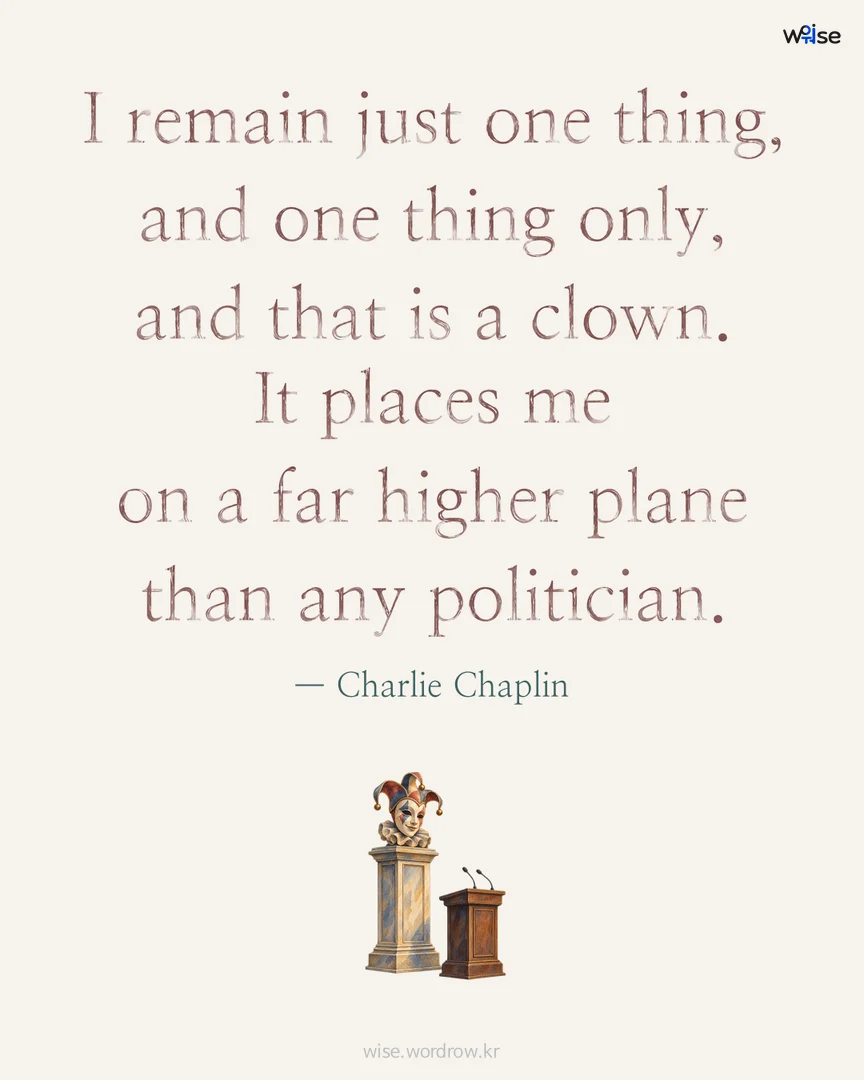 I remain just one thing, and one thing only, and that is a clown. It places me on a far higher plane than any politician. — Charlie Chaplin 포토카드