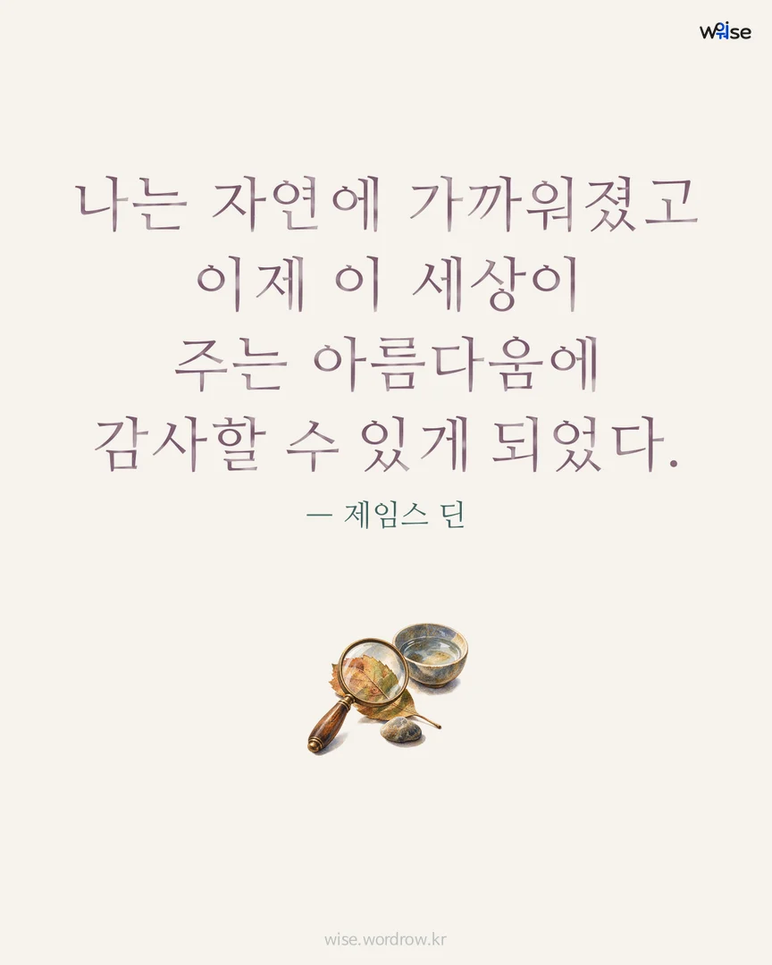 나는 자연에 가까워졌고 이제 이 세상이 주는 아름다움에 감사할 수 있게 되었다. — 제임스 딘 포토카드
