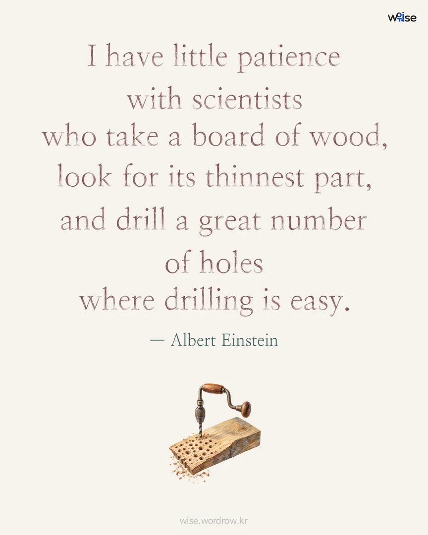 I have little patience with scientists who take a board of wood, look for its thinnest part, and drill a great number of holes where drilling is easy. — Albert Einstein 포토카드