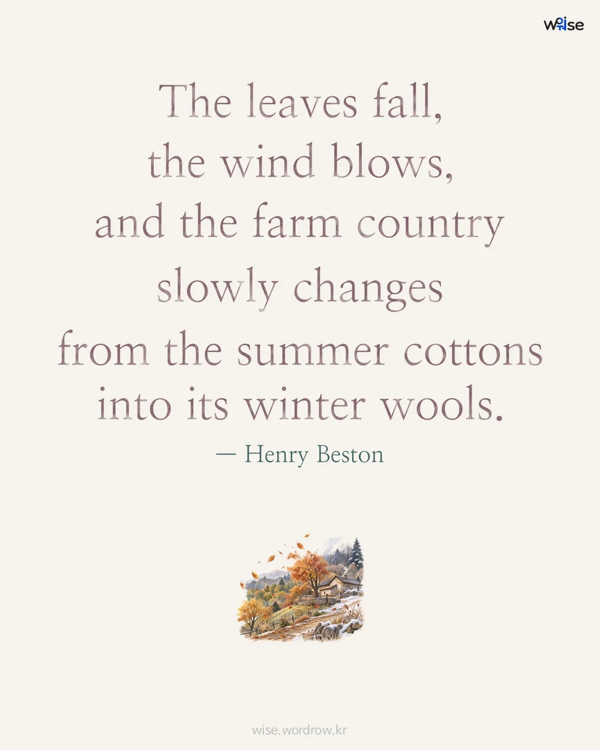 The leaves fall, the wind blows, and the farm country slowly changes from the summer cottons into its winter wools. — Henry Beston 포토카드