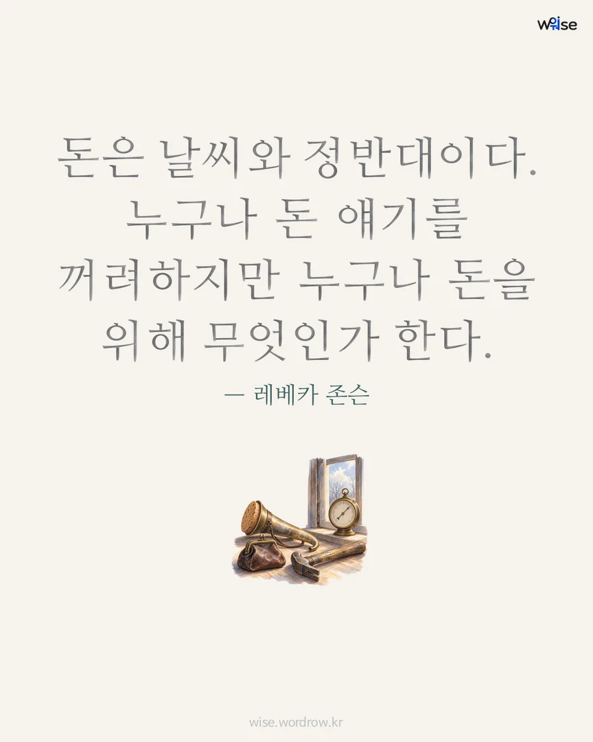 돈은 날씨와 정반대이다. 누구나 돈 얘기를 꺼려하지만 누구나 돈을 위해 무엇인가 한다. — 레베카 존슨 포토카드