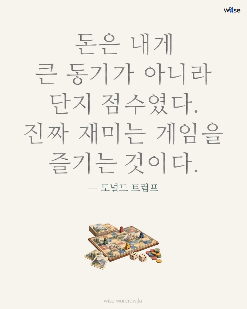 돈은 내게 큰 동기가 아니라 단지 점수였다. 진짜 재미는 게임을 즐기는 것이다. — 도널드 트럼프 포토카드