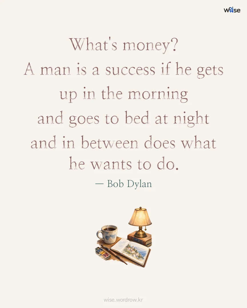 What's money? A man is a success if he gets up in the morning and goes to bed at night and in between does what he wants to do. — Bob Dylan 포토카드