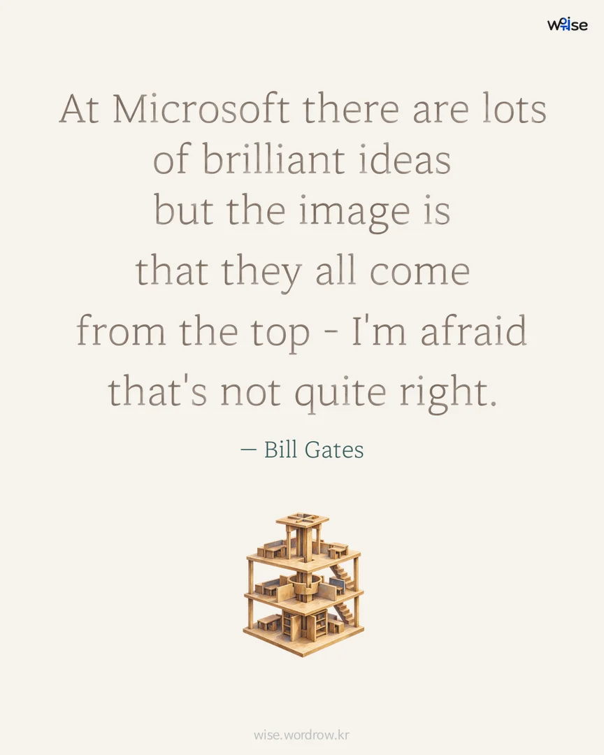 At Microsoft there are lots of brilliant ideas but the image is that they all come from the top - I'm afraid that's not quite right. — Bill Gates 포토카드