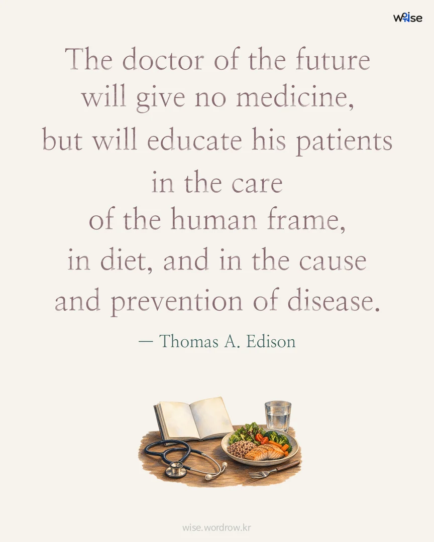 The doctor of the future will give no medicine, but will educate his patients in the care of the human frame, in diet, and in the cause and prevention of disease. — Thomas A. Edison 포토카드