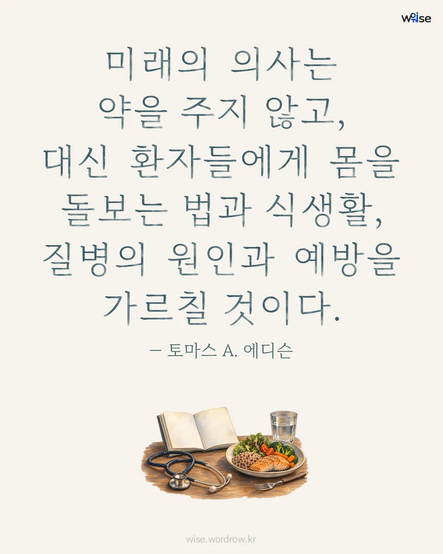 미래의 의사는 약을 주지 않고, 대신 환자들에게 몸을 돌보는 법과 식생활, 질병의 원인과 예방을 가르칠 것이다. — 토마스 A. 에디슨 포토카드