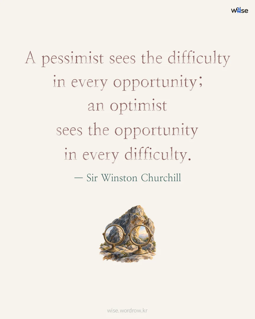 A pessimist sees the difficulty in every opportunity; an optimist sees the opportunity in every difficulty. — Sir Winston Churchill 포토카드