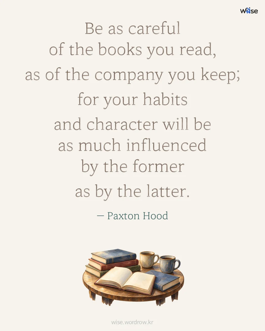 Be as careful of the books you read, as of the company you keep; for your habits and character will be as much influenced by the former as by the latter. — Paxton Hood 포토카드