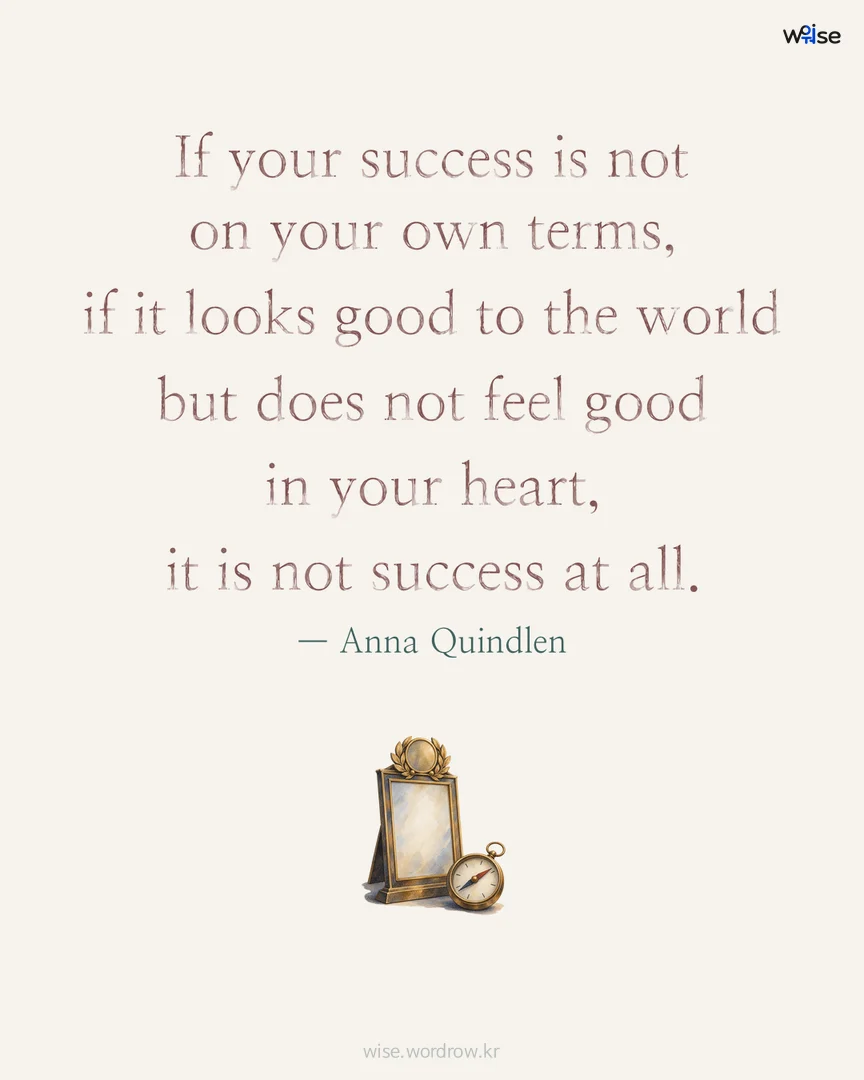 If your success is not on your own terms, if it looks good to the world but does not feel good in your heart, it is not success at all. — Anna Quindlen 포토카드