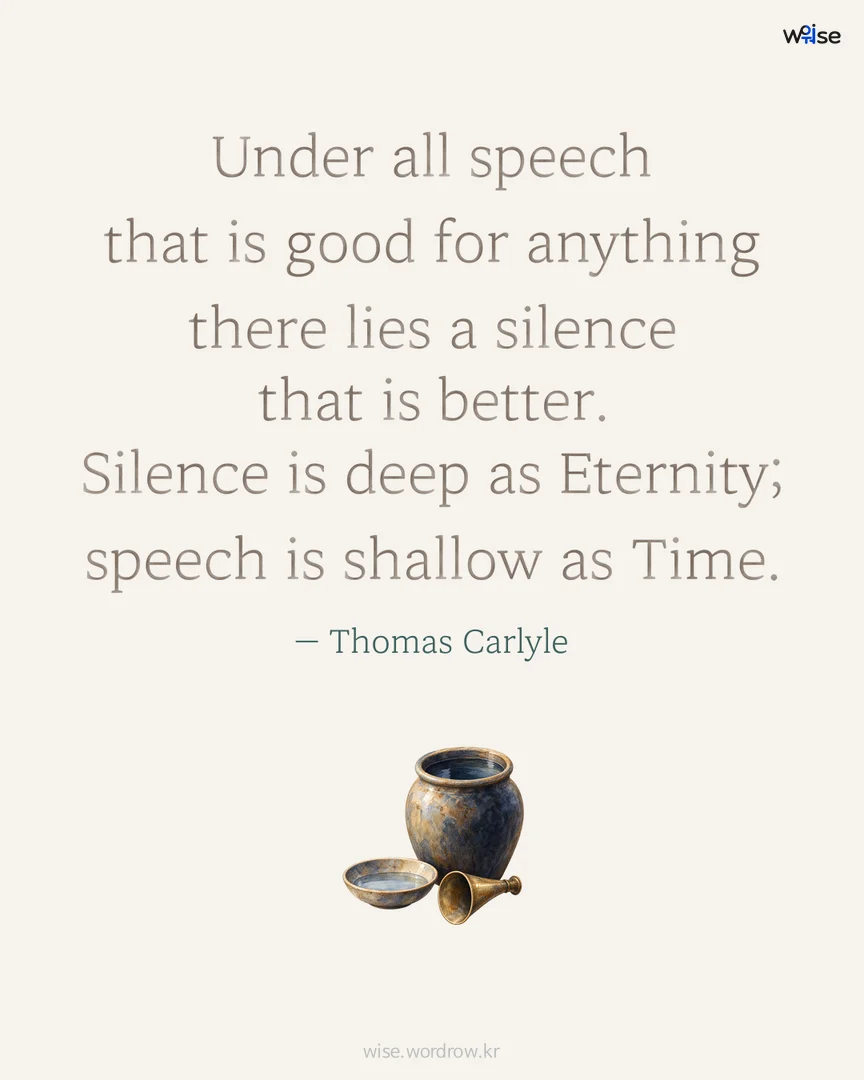 Under all speech that is good for anything there lies a silence that is better. Silence is deep as Eternity; speech is shallow as Time. — Thomas Carlyle 포토카드