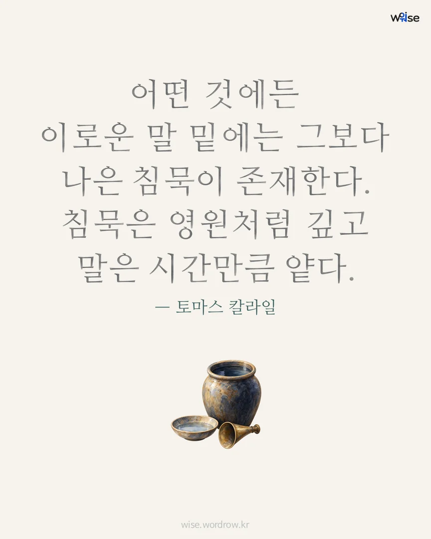 어떤 것에든 이로운 말 밑에는 그보다 나은 침묵이 존재한다. 침묵은 영원처럼 깊고 말은 시간만큼 얕다. — 토마스 칼라일 포토카드