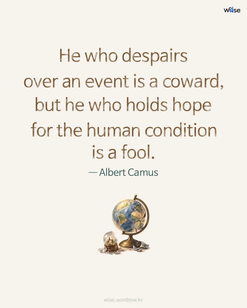 He who despairs over an event is a coward, but he who holds hope for the human condition is a fool. — Albert Camus 포토카드