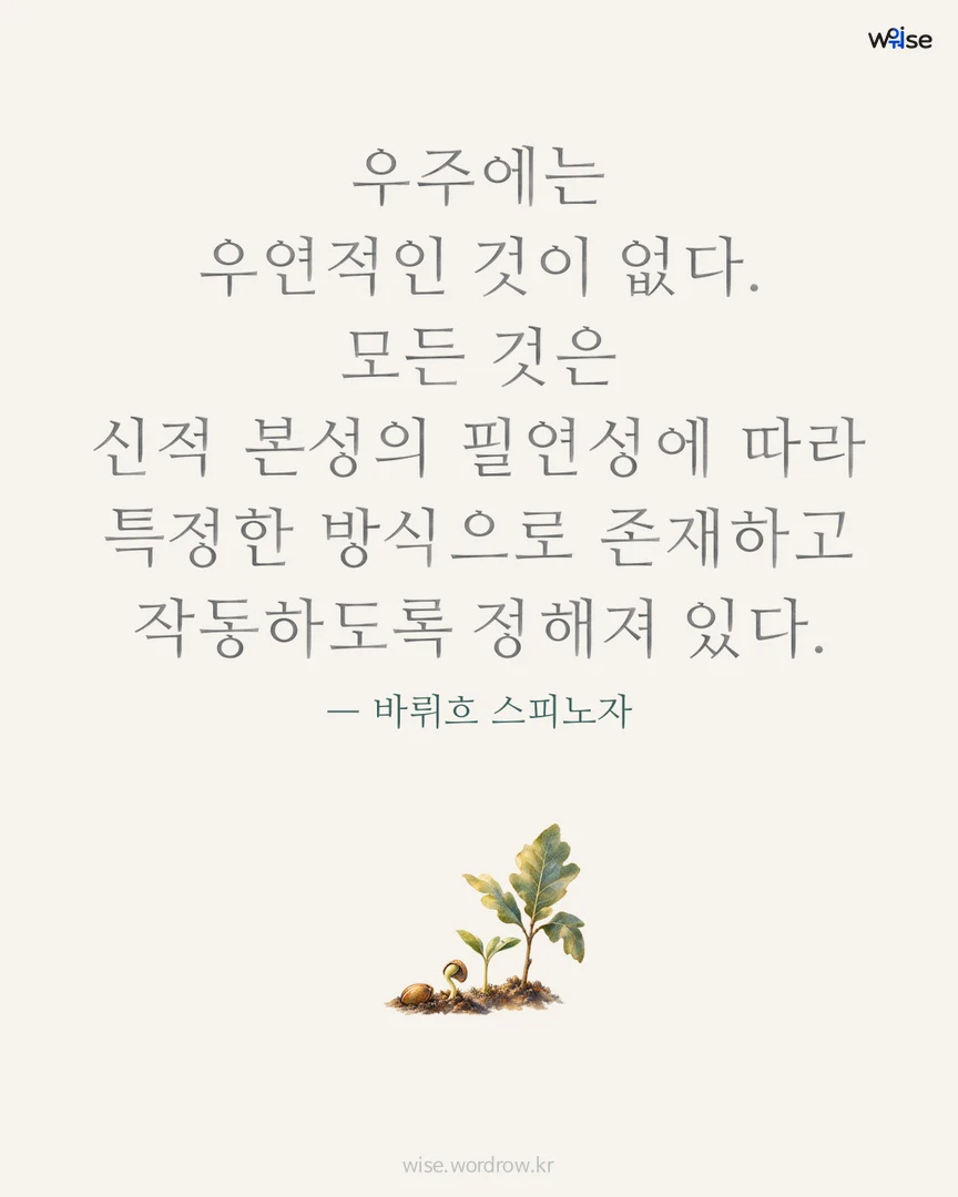 우주에는 우연적인 것이 없다. 모든 것은 신적 본성의 필연성에 따라 특정한 방식으로 존재하고 작동하도록 정해져 있다. — 바뤼흐 스피노자 포토카드