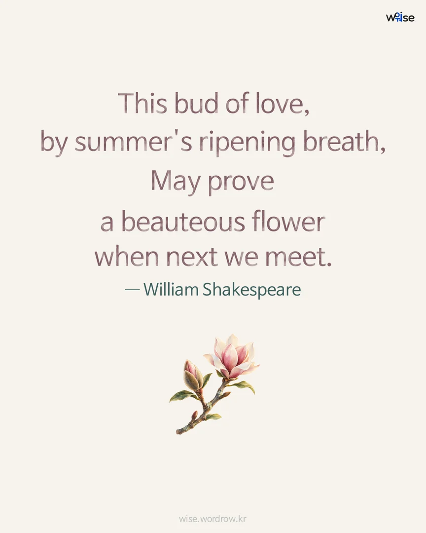 This bud of love, by summer's ripening breath, May prove a beauteous flower when next we meet. — William Shakespeare 포토카드