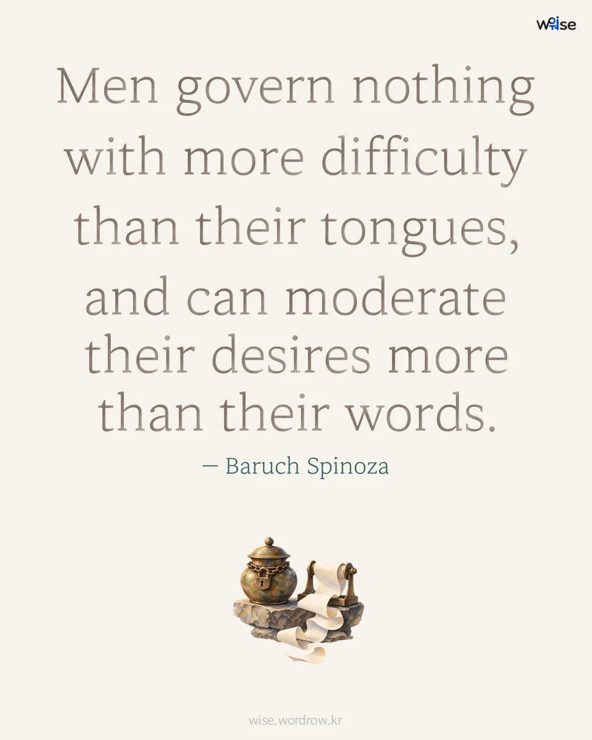 Men govern nothing with more difficulty than their tongues, and can moderate their desires more than their words. — Baruch Spinoza 포토카드
