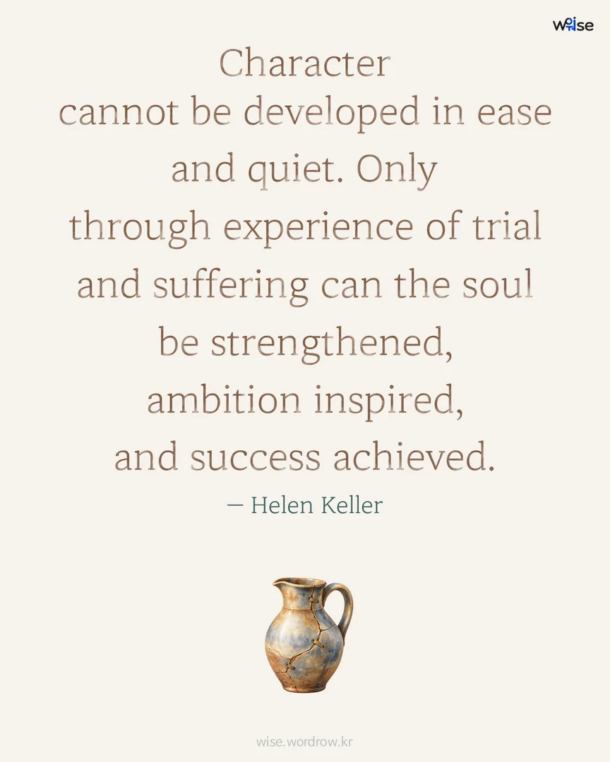 Character cannot be developed in ease and quiet. Only through experience of trial and suffering can the soul be strengthened, ambition inspired, and success achieved. — Helen Keller 포토카드