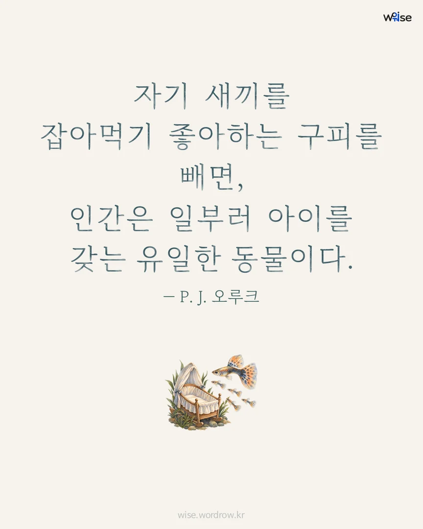 자기 새끼를 잡아먹기 좋아하는 구피를 빼면, 인간은 일부러 아이를 갖는 유일한 동물이다. — P. J. 오루크 포토카드
