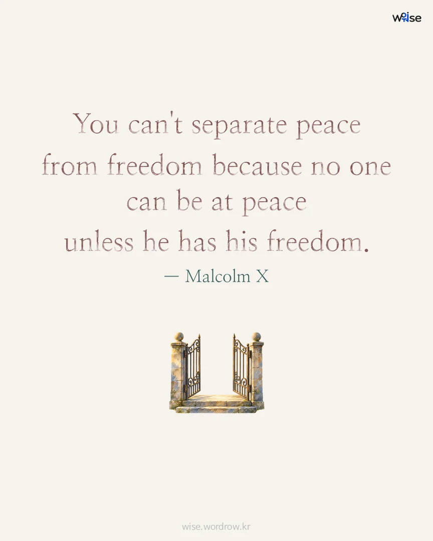 You can't separate peace from freedom because no one can be at peace unless he has his freedom. — Malcolm X 포토카드