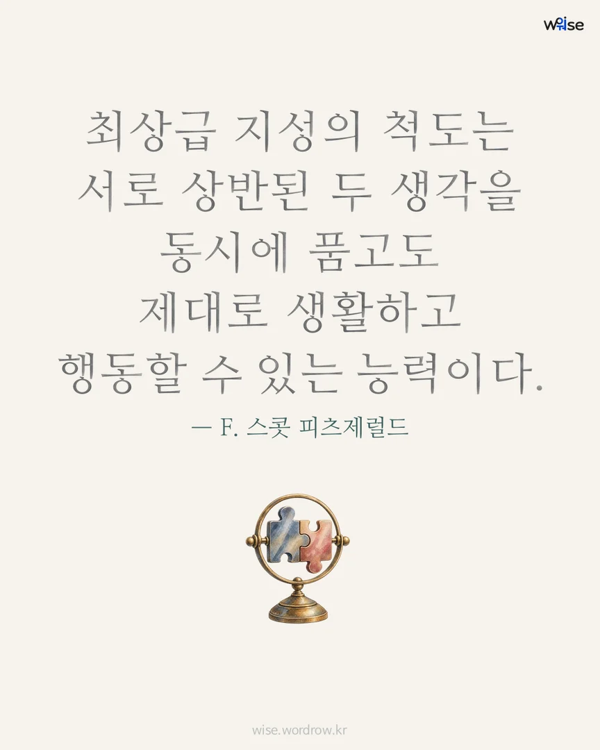 최상급 지성의 척도는 서로 상반된 두 생각을 동시에 품고도 제대로 생활하고 행동할 수 있는 능력이다. — F. 스콧 피츠제럴드 포토카드
