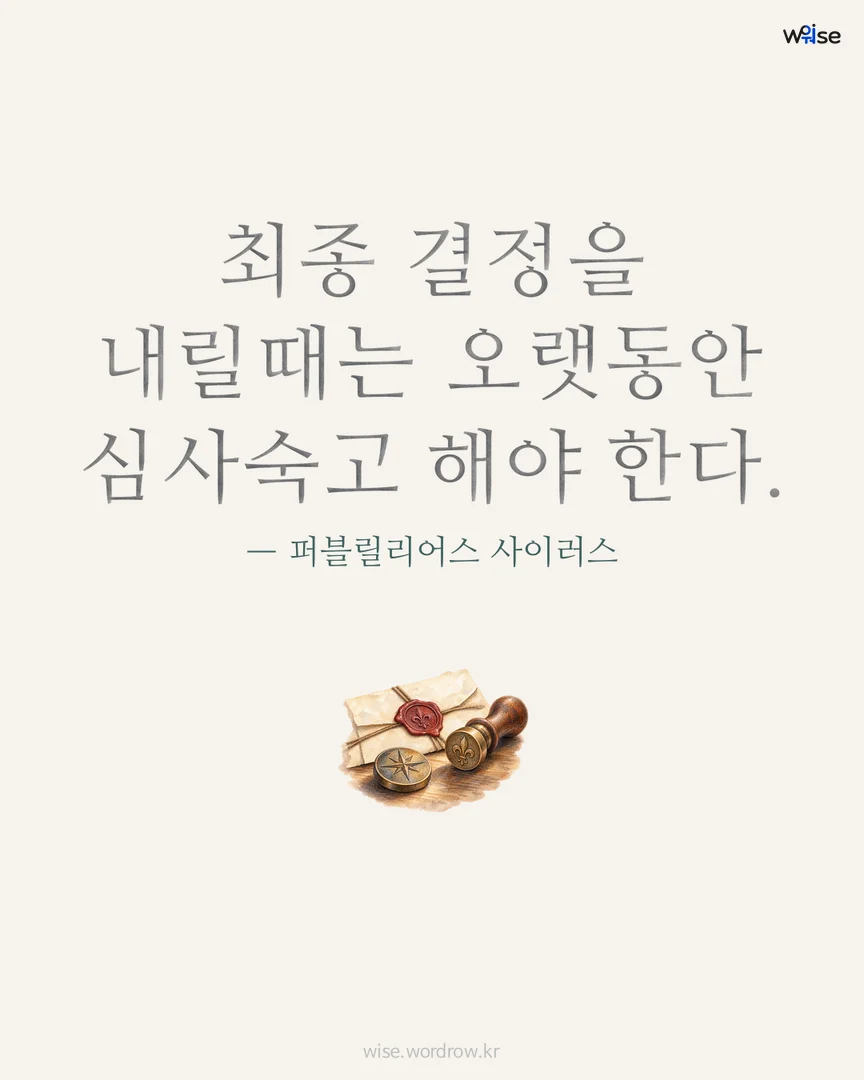 최종 결정을 내릴때는 오랫동안 심사숙고 해야 한다. — 퍼블릴리어스 사이러스 포토카드