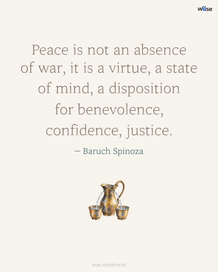 Peace is not an absence of war, it is a virtue, a state of mind, a disposition for benevolence, confidence, justice. — Baruch Spinoza 포토카드
