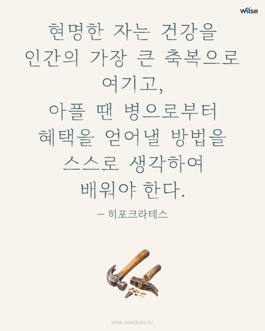 현명한 자는 건강을 인간의 가장 큰 축복으로 여기고, 아플 땐 병으로부터 혜택을 얻어낼 방법을 스스로 생각하여 배워야 한다. — 히포크라테스 포토카드