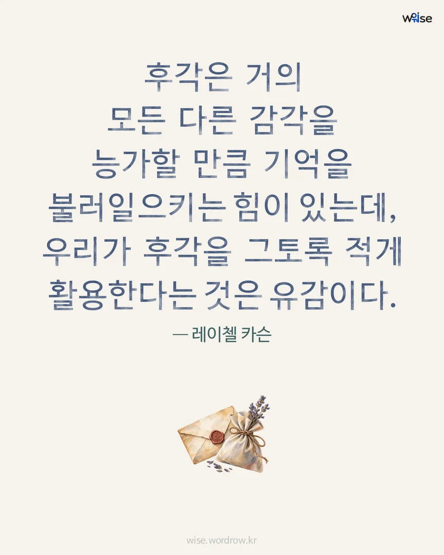 후각은 거의 모든 다른 감각을 능가할 만큼 기억을 불러일으키는 힘이 있는데, 우리가 후각을 그토록 적게 활용한다는 것은 유감이다. — 레이첼 카슨 포토카드