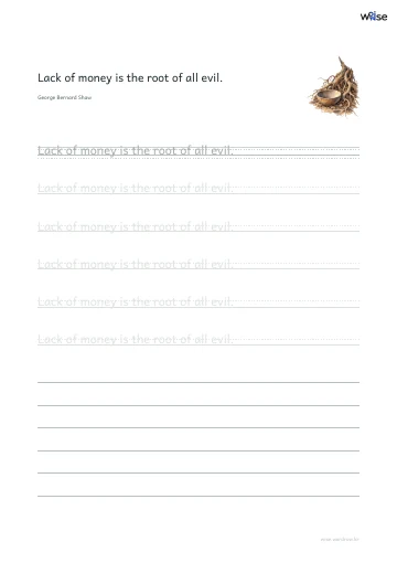 영어 따라쓰기 PDF 첫 페이지: Lack of money is the root of all evil.