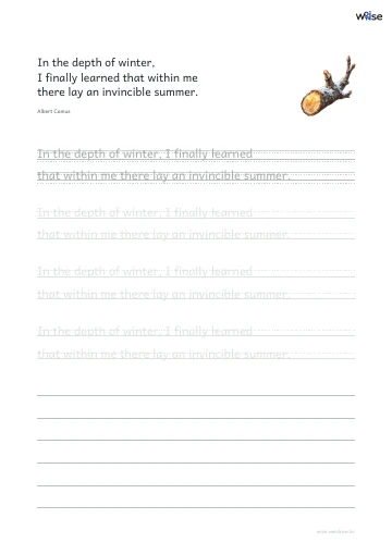 영어 따라쓰기 PDF 첫 페이지: In the depth of winter, I finally learned that within me there lay an invincible summer.