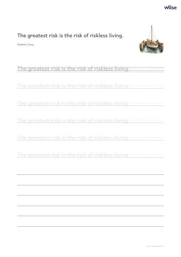 영어 따라쓰기 PDF 첫 페이지: The greatest risk is the risk of riskless living.